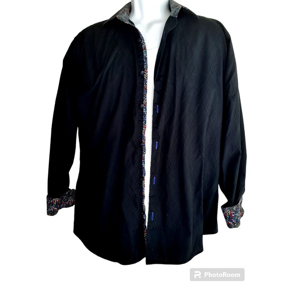 Jared Lang Button Up Shirt Mens L Large Black Geometric Flip Cuff Long Sleeves - Picture 3 of 9